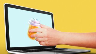 Illustration of a hand pulling a bottle of 3D pills from a laptop screen.